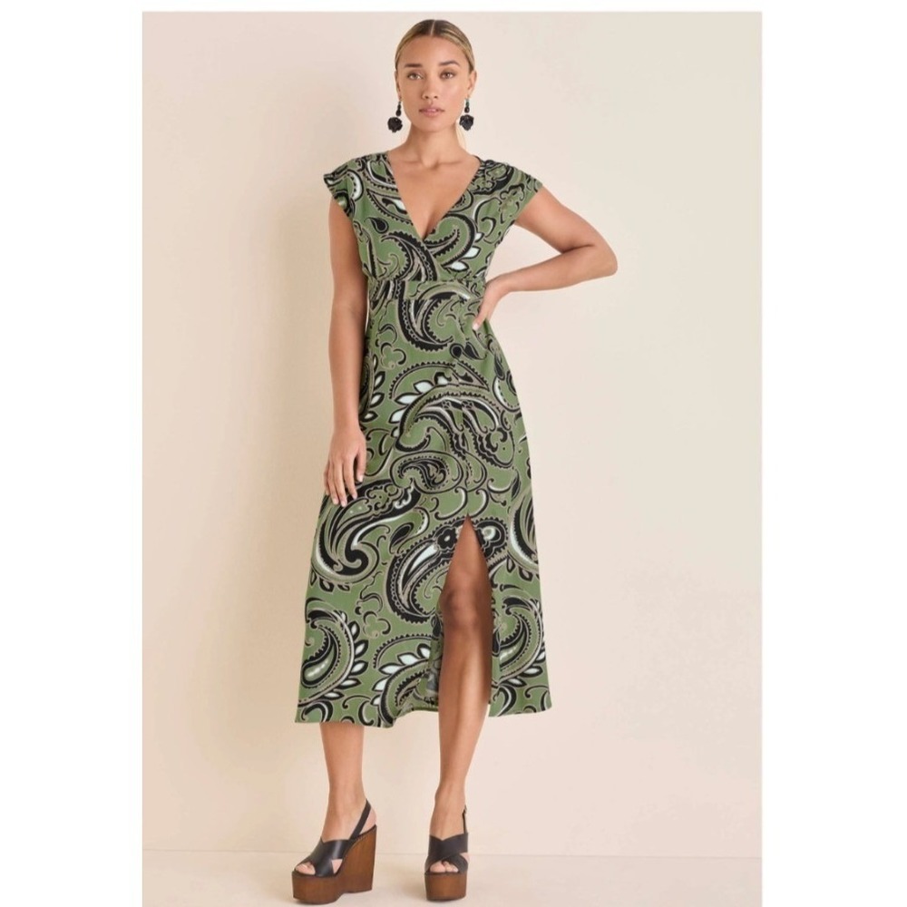 Women's Dress Size M Linen Paisley Cap Sleeve V-Neck Slit Boho Fall Cottage